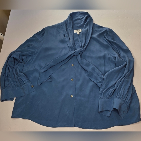 Hudson North Blue Rayon, Button,  Pleated Blouse With Wide Tied Collar 1X - Picture 5 of 10
